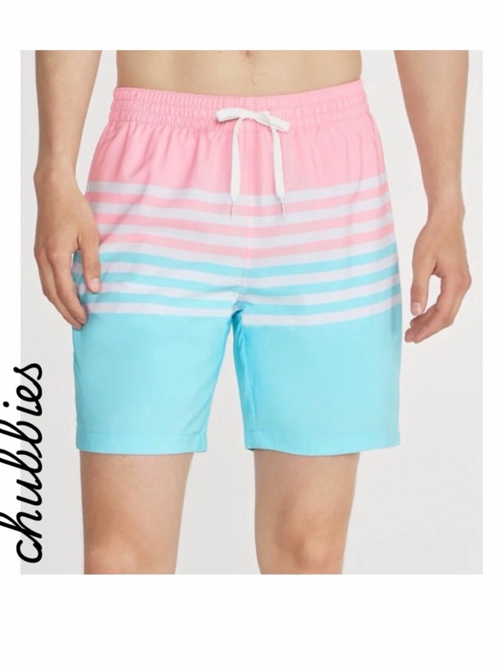chubbies Pink & Aqua Striped Block Swim Trunks